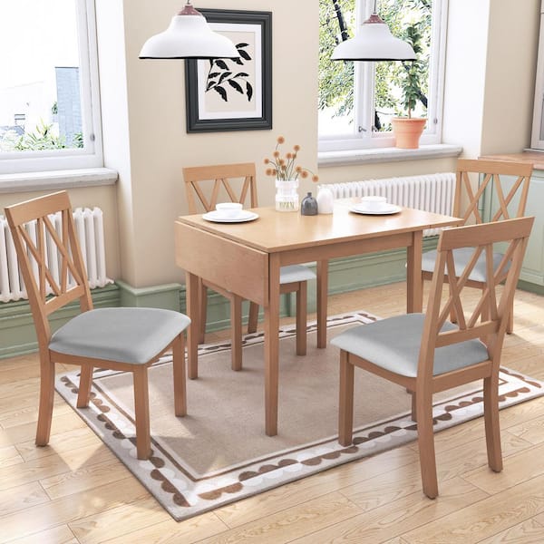 Harper & Bright Designs 5-Piece Natural Drop Leaf Dining Table Set with 4 Upholstered Chairs