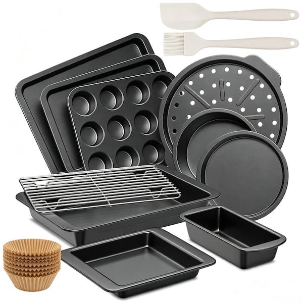 10 Pieces Grey Carbon Steel Nonstick Baking Pans Set Including Rack Cookie Sheet Cake Pans Loaf Pan Muffin Pan Pizza Pan