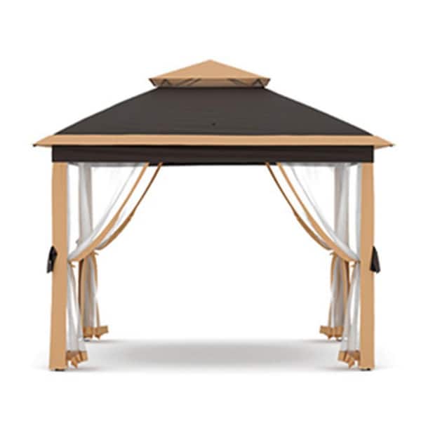 11 ft. x 11 ft. Soft Top Instant Pop Up Gazebo Canopy Tent Sun Shelter in Brown with Netting & Adjustable Height