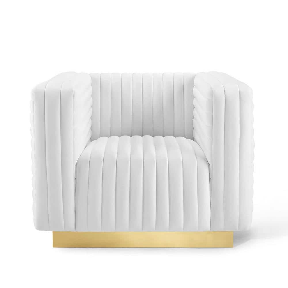 White Velvet Channel Tufted Accent Chair with Gold Base