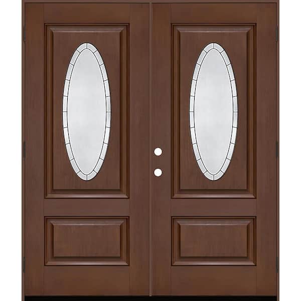 Steves & Sons Regency 72 in. x 80 in. 3/4L Oval Empire Deco Glass RHOS Chestnut Fiberglass Double Prehung Front Door with 6-9/16 Jamb