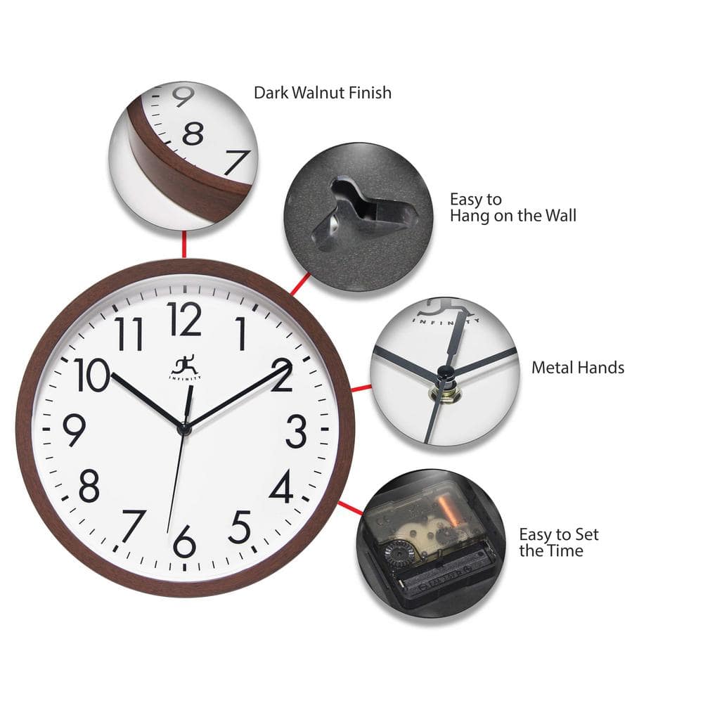 12" Walnut Brown Plastic Wall Clock with Glass Lens