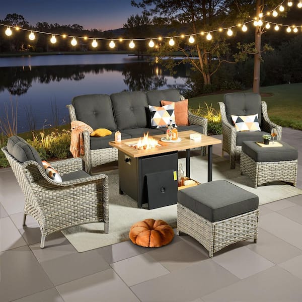 Toject Eureka Grey 6-Piece Wicker Outdoor Patio Conversation Sofa Seating Set with a Storage Fire Pit and Black Cushions