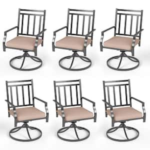 Black Metal Stripe Patio Outdoor Dining Swivel Chair with Beige Cushion (6-Pack)