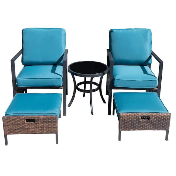 Kadehome Black Frame 5-Piece Metal Bar Height Outdoor Bistro Set with Blue Cushion and Square Side Table and 2 Ottomans