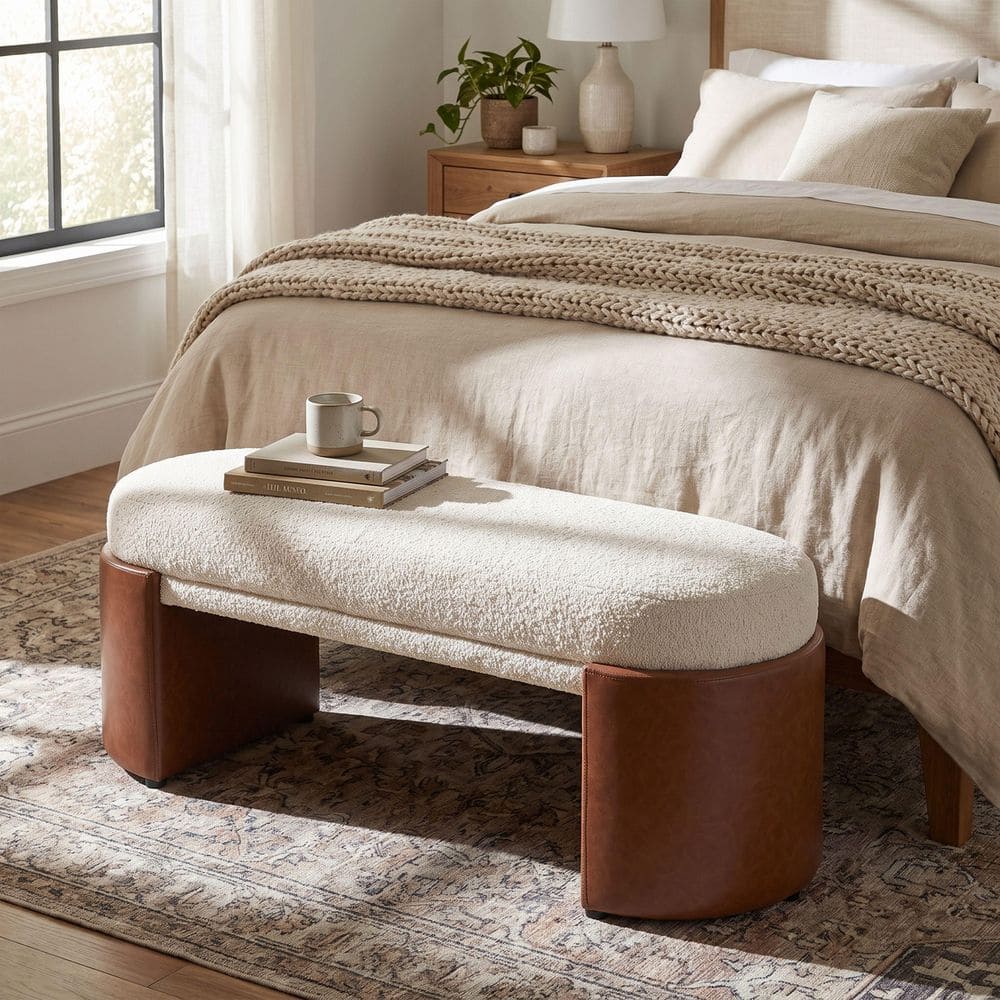 Evren 48.03 in. Oval Beige Boucle and Brown PU Upholstered Indoor Bench Ottoman