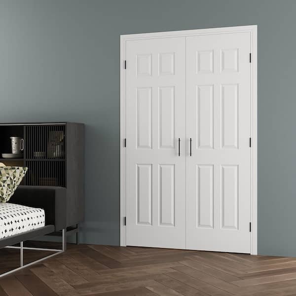 48 in. x 80 in. Universal 6-Panel Painted Solid Core Wood Assembly Required Double Interior French Door Jamb Ball Catch