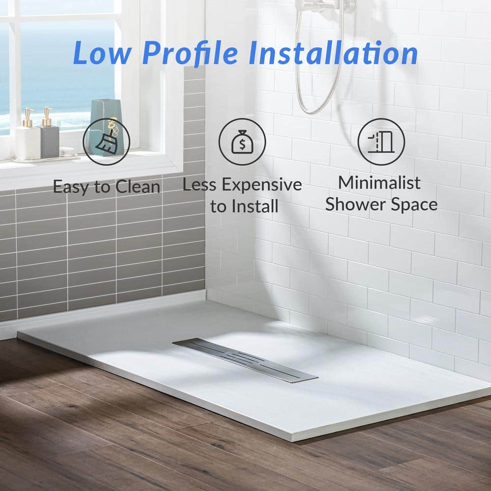 White Solid Surface Low-Profile Curbless Shower Base 60 x 36