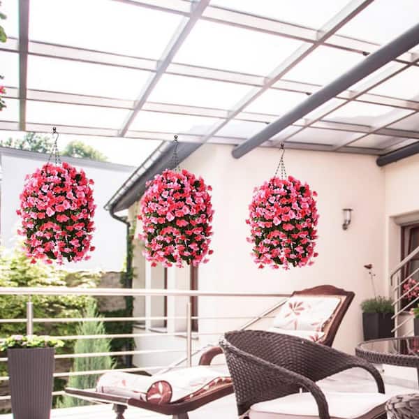 Deep Pink Artificial Hanging Basket Begonia Flowers Ornaments