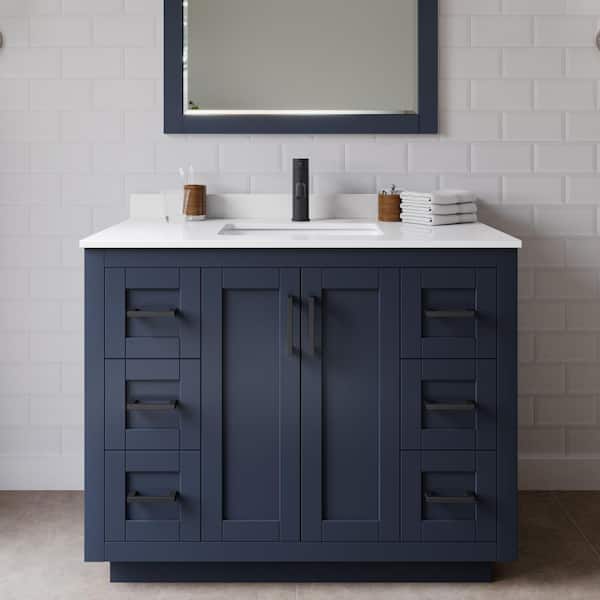Wyndham Collection Miranda 42 in. W Single Bath Vanity in Dark Blue with Cultured Marble Vanity Top in White with White Basin