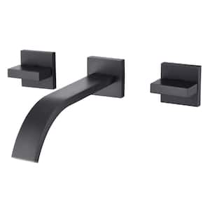 Waterfall Double Handle Wall Mounted Bathroom Faucet with Rough in Valve in Matte Black