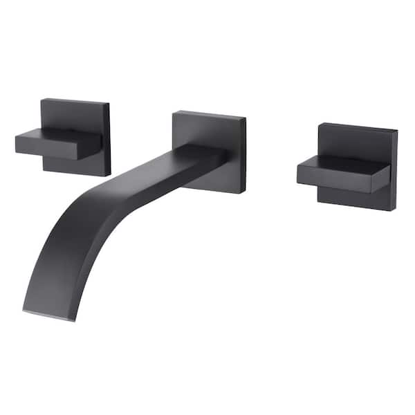 SUMERAIN Waterfall Double Handle Wall Mounted Bathroom Faucet with Rough in Valve in Matte Black