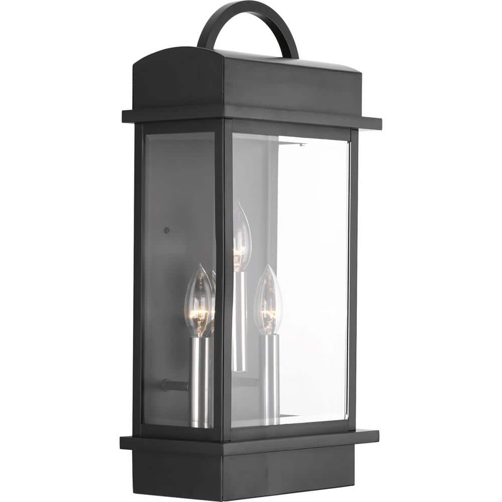 Santee Black Steel 3-Light Outdoor Wall Lantern with Beveled Glass