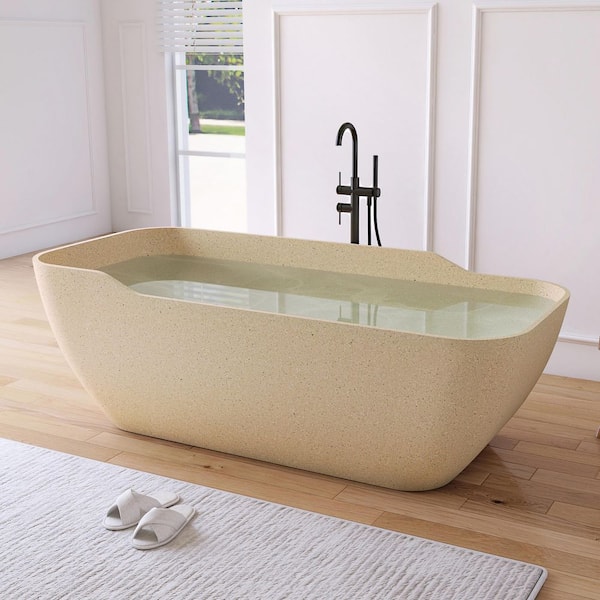 71 in. x 31.5 in. Terrazzo Stone Solid Surface Flatbottom Freestanding Soaking Bathtub in Cream (Outdoor-Compatible)