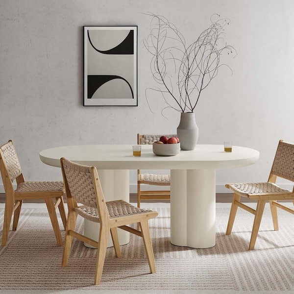 MODWAY Caspian in White Wood 72 in. Double Pedestal Oval Concrete Dining Table Seats 8