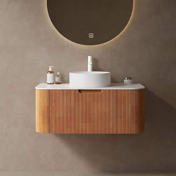 36 in. Floating Natural Wood Bath Vanity with White Engineered Marble Top and Vessel, Pre-assembled