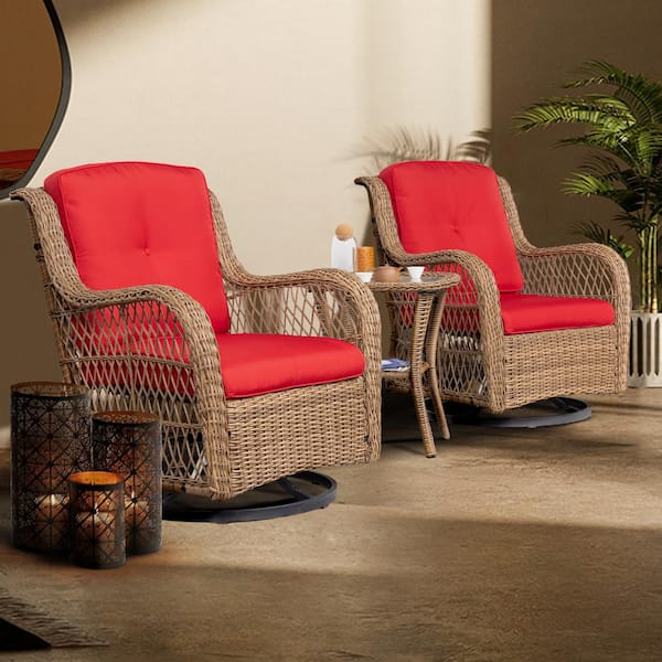 JOYSIDE 3-Piece Yellow Wicker Outdoor Swivel Rocking Chair Set with Red Cushions Patio Conversation Set (2-Chair)