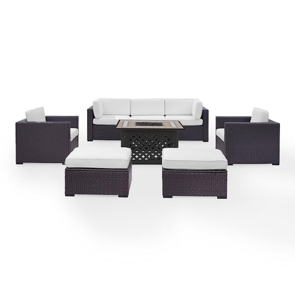 CROSLEY FURNITURE Biscayne 7-Piece Wicker Outdoor Sectional Set with White Cushions