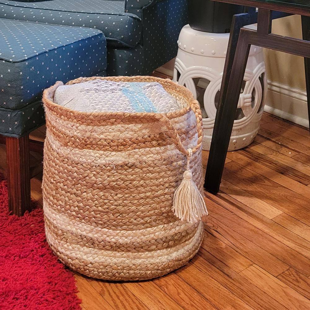 Eco-Friendly Handmade Jute Storage Basket with White Stripes, 19"