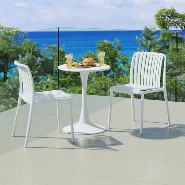 Frond and Form Outdoor Patio Stacking Poly Plastic Slatted Dining Side Chair (Set of 2), White