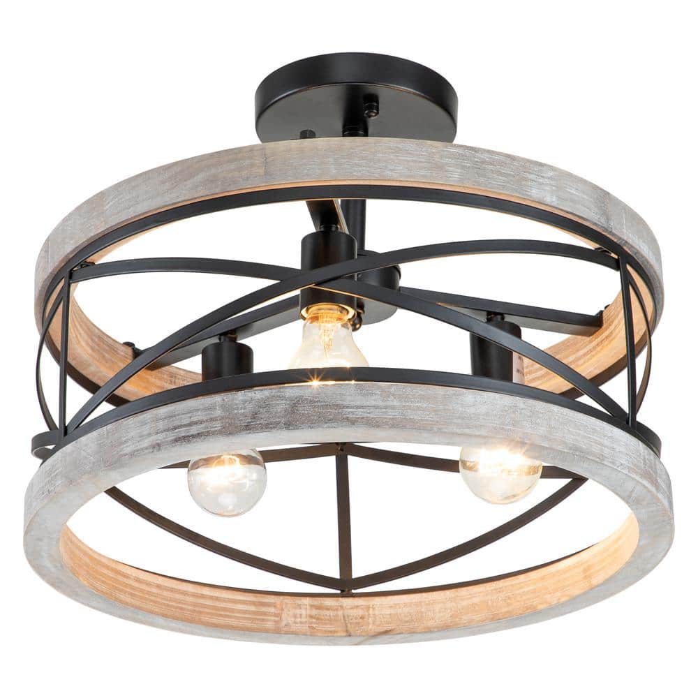 Black and Gray Wood Drum Farmhouse Semi-Flush Mount Ceiling Light