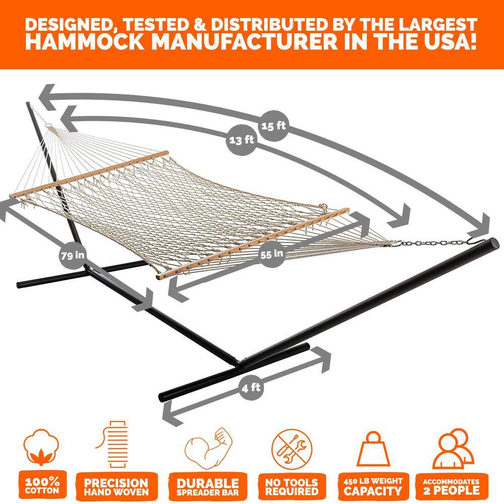 13 ft. Beige Cotton Rope Hammock with Black Metal Stand