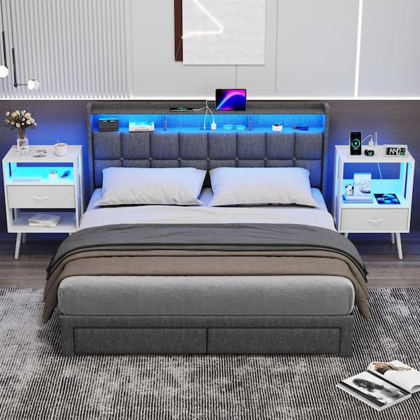 White 2-Piece Modern Nightstand with Charging Station and LED Light,1 Fabric Drawer per Nightstand End Table for Bedroom