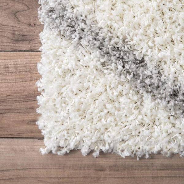 Plush White Geometric Shag 63" Square Area Rug