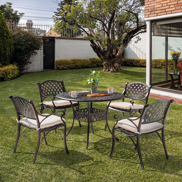Antique Bronze 5-Piece Cast Aluminum Patio Dining Set Outdoor Bistro Conversation Set with Creamy White Cushion