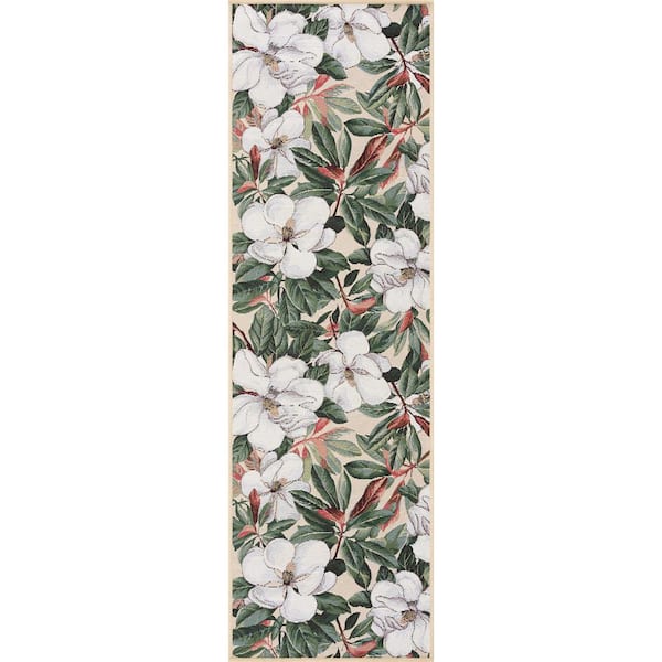 Stunning Cream 2 ft. x 8 ft. Floral Indoor/Outdoor Runner Rug