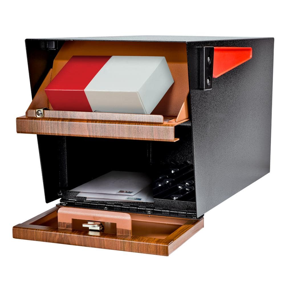 Extra Large Wood Grain and Black Locking Post-Mount Mailbox Set