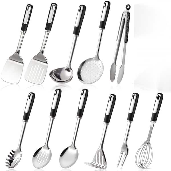 Stainless Steel Silver Finish Cooking Utensils Set 11-Piece Kitchen Tools with Spatula Spoon Ladle Whisk Tongs