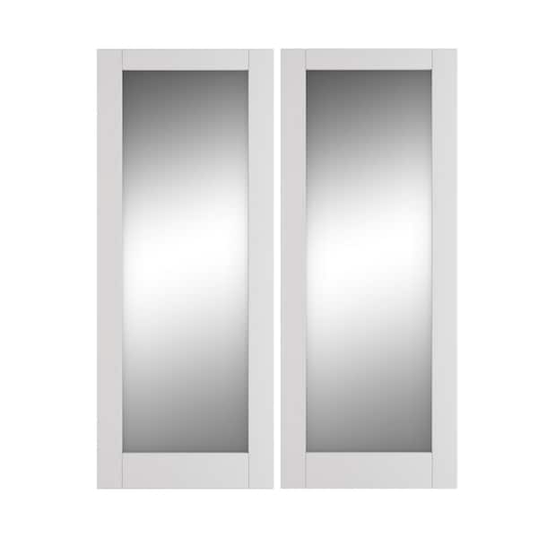 TENONER 64 in. x 80 in. (Double 32) 1-Lite Mirrored Glass White Solid Hybird Core MDF Door Panels Interior Door Slab Prefinished