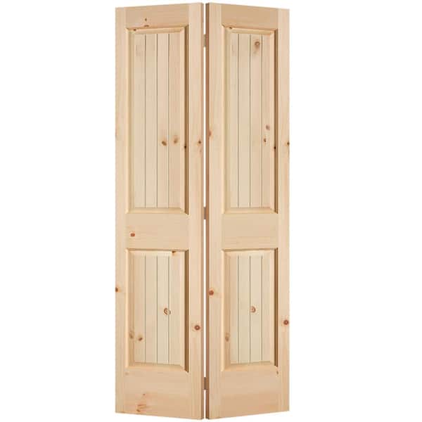 Masonite 30 in. x 80 in. 2-Panel V-Groove Solid Core Smooth Unfinished Knotty Pine Bi-fold Interior Door