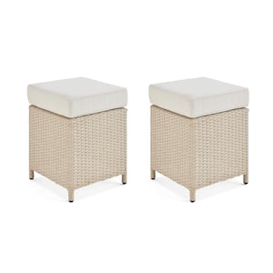 Canaan Beige All-Weather Wicker Outdoor Square Ottoman with Cream Cushion (Set of 2)
