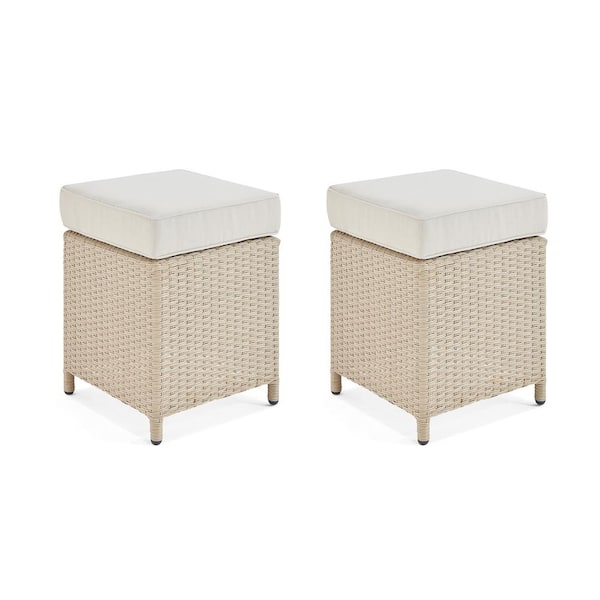 Alaterre Furniture Canaan Brown All-Weather Wicker Outdoor Square Ottoman with Cream Cushion (Set of 2)