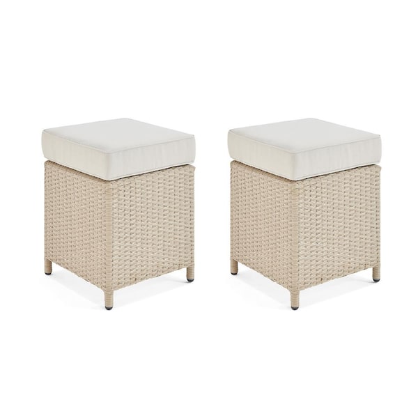 Pure Garden Canaan Beige All-Weather Wicker Outdoor Square Ottoman with Cream Cushion (Set of 2)