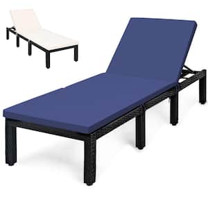 Wicker Outdoor Lounge Chair Chaise Recliner Adjust with Navy Cushion and Off White Cover