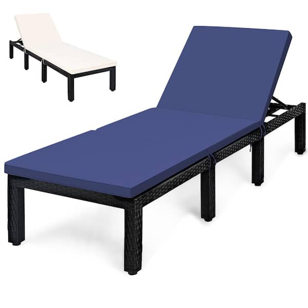 Costway Wicker Outdoor Lounge Chair Chaise Recliner Adjust with Navy Cushion and Off White Cover