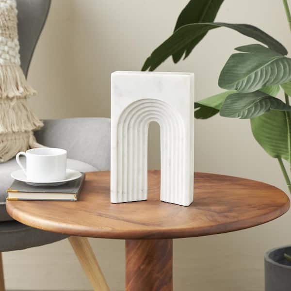 Litton Lane White Marble Rectangular Geometric Sculpture with Arched Groove Interior