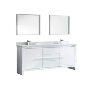 Allier 72 in. Double Vanity in White with Glass Stone Vanity Top in White and Mirror (Faucet Not Included)