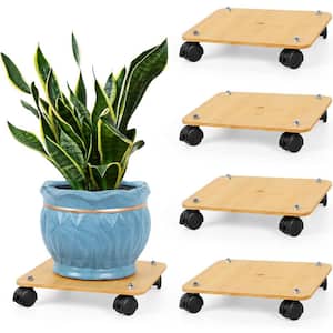 Bamboo Rolling Plant Caddy Stand Base with Lockable Casters (4-Pack)