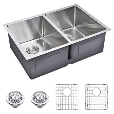 Undermount Small 27 in. 0-Hole Double Bowl Kitchen Sink with Strainer and Grid in Premium Scratch Resistant Satin Finish