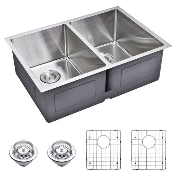 Water Creation Undermount Small 27 in. 0-Hole Double Bowl Kitchen Sink with Strainer and Grid in Premium Scratch Resistant Satin Finish