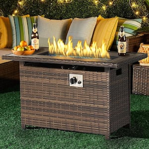 Brown 40 in. 50000 BTU Rectangular Wicker Outdoor Propane Fire Pit Table with Storage Space, Lid and Rain Cover