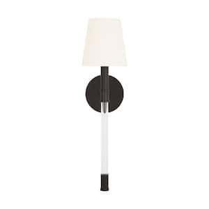 Hanover 5 in. W x 18.625 in. H 1-Light Aged Iron Dimmable, Mid-Century Wall Sconce with White Linen Fabric Shade