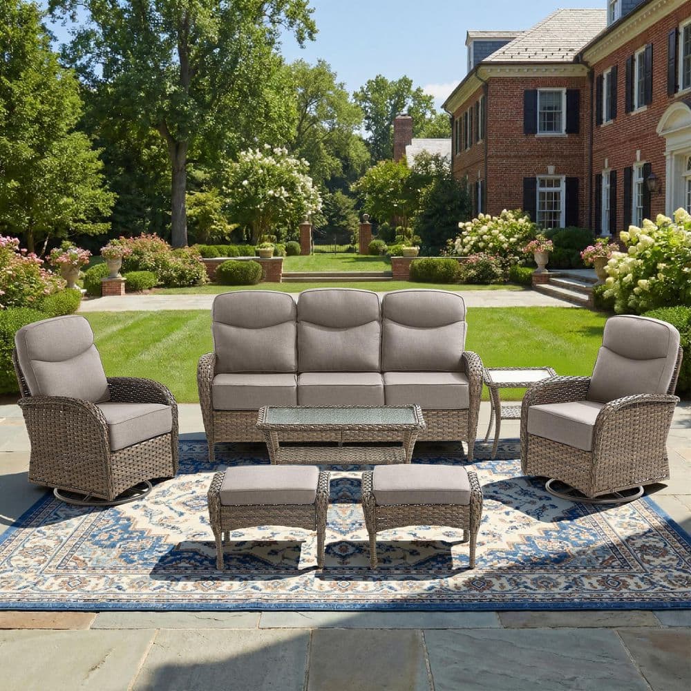 Goyal Brown 7-Piece Wicker Patio Conversation Seating Sofa Couch Set with Gray Cushions and Swivel Rocking Glider Chair price history on PriceWatchPro