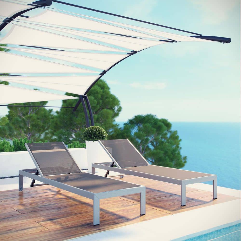 Shore Aluminum Textilene Mesh Outdoor Patio Two Poolside Chaise Lounge Chairs in Silver Gray