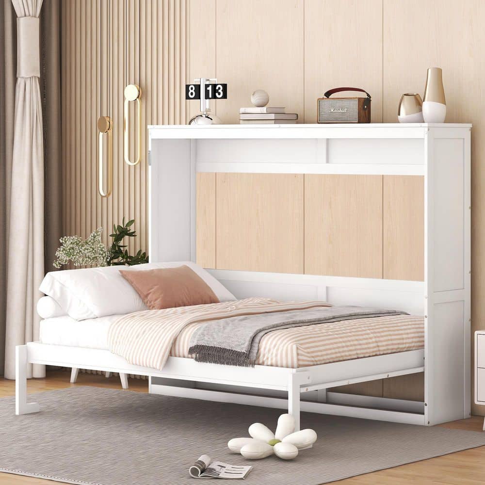 Harper & Bright Designs White Wood Frame Full Size Murphy Bed