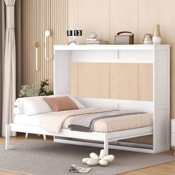 White Wood Frame Full Size Murphy Bed Cabinet Bed with Safety Lock Mechanism